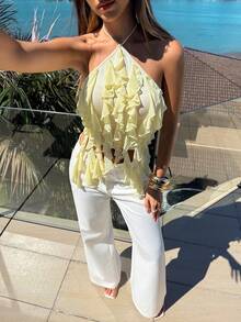 Aloruh Áo nữ cổ buộc dây, bèo nhún, kiểu dáng thường ngày, đa năng. - Màu vàng - Xem 5