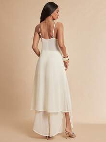 Silquee Women's Cream White Wide-Leg Pants,Stretch Waist Flowy Casual Summer Euro Beach Holiday Vacation Sets,Elegant Solid Color Two-Piece Pants For Spring - Apricot - View 4