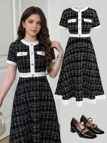 Girlism 少女连衣裙，可爱撞色设计，纽扣款式，休闲日常百搭黑白格子连衣裙 - 黑與白 - 查看 1