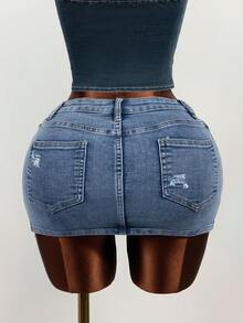 SHEIN Chân váy mini denim ôm sát thiết kế cài nút ở eo dành cho nữ - Màu xanh lam - Xem 2