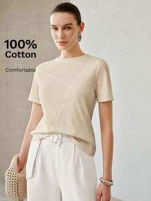 MOTF PREMIUM ÁO THUN NỮ MÙA HÈ MÀU TRƠN THIẾT KẾ XẺ KHÔNG ĐỐI XỨNG, CỔ TRÒN TAY NGẮN ĐA NĂNG DỄ PHỐI ĐỒ - Màu Khaki - Xem 3