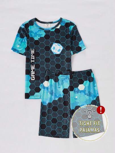 Boys' Snug Fit Round Neck Short Sleeve Shorts, Green Digital Plaid Print, Made Of Comfortable Stretchy Fabric, Casual Wear For Boys In Spring And Summer