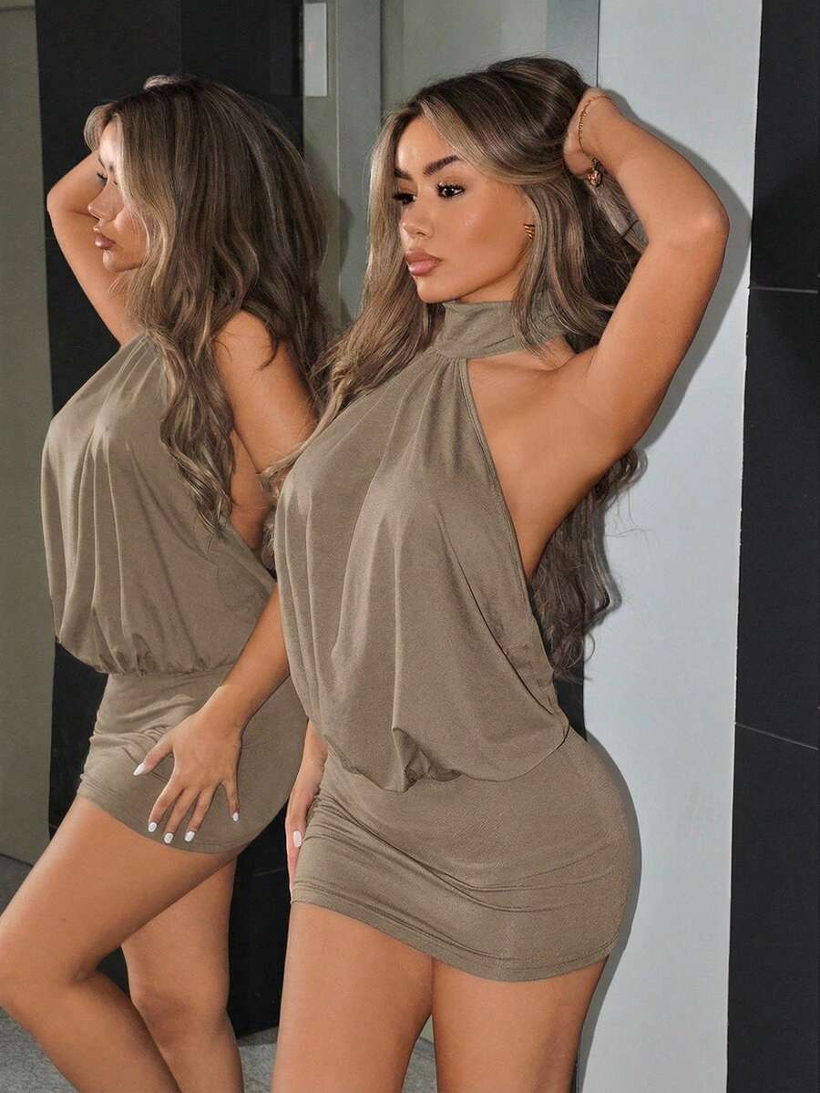 SHEIN ICON Gaun Mini Bodycon Tanpa Punggung Berkerah Tinggi Seksi, Musim Panas, Gaun Musim Panas untuk Wanita - Khaki - View 1
