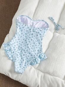 Swim Mod Bộ đồ bơi liền thân mới về mùa Xuân/Hè, màu xanh nhạt họa tiết hoa nhí, viền bèo nhún, thích hợp cho kỳ nghỉ biển. - Nhiều màu - Xem 2