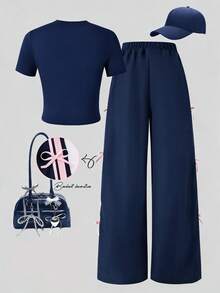 SHEIN 2pcs/Set Teenage Short Sleeve & Long Pants Set, Bow Tie Ribbon Decor, Pink, Suitable For Spring/Summer, Sports & Casual Wear - Navy Blue - View 3