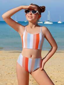 Tween Girls Striped Bikini Sets, Casual Polyester Triangle Swimsuit For Summer Vacation, Beach, Holiday - Orange - View 6