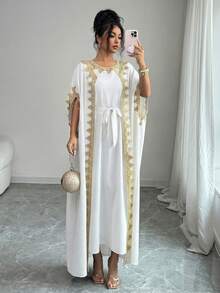SHEIN Elenzya Damen ärmelloses, offenes, vorderes, goldenes Spitzen-Splice-Manschetten-Langstrickjacke & figurbetontes Maxikleid 2-teiliges Set, elegant für Partys - Weiss - Übersicht 5