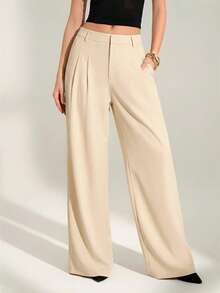 Sexy And Casual Business-Style High-Waisted Wide-Leg Pleated Trousers - Elegant Solid-Color Loose-Fitting Trousers, Professional Office Wear, Work Trousers With Co - 柿子2 - 查看 10