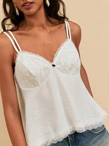 Travachic Women's Sexy Camisole With 3D Floral Lace Patchwork And Double Ruffle Hem, Suitable For Summer, White Top, Casual Blouses, Peplum Top Golf - Beige - View 6