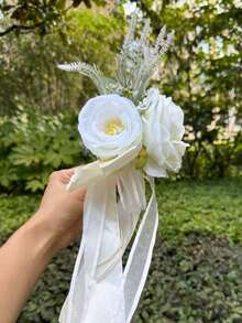 1pc Artificial Flowers Wedding Decor Rose Flower (With Suction Cup)Car Rearview Mirror Present Ribbon Light House Decor Aisle Chair Decor For Party Wedding - one-size - View 7
