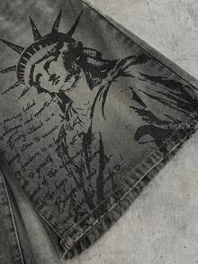 AXEPEAK Quần short denim nam dáng casual in hình khẩu hiệu và tượng Nữ thần Tự do. - màu đen - Xem 3