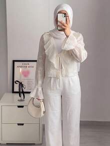 Solavon Women's Minimalist Elegant Textured Ruffle Front Tie Blouse Tea Party Cream White Autumn - Apricot - View 5