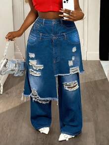 Slaydiva Plus Size Women's Asymmetrical Hem Layered Look Denim Jeans - Medium Wash - View 5