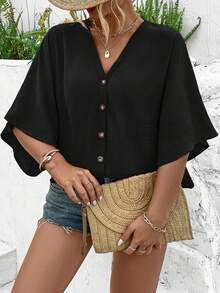 SHEIN Tall CURVE Plus Size Tall Women's Elegant Black Summer Blouse,Smart Casual Everyday V-Neck Jacquard Raglan Sleeve Button Decor Versatile Beach Resort Top - Black - View 6