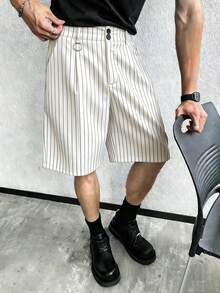 Manfinity Hypemode Men's Off-White Striped Pleated Double-Button Loose Casual Shorts,Wide Leg Streetwear For Summer,City Break,Music Festivals,Parties & Weekend Outings - Beige - View 4
