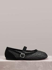 Styleloop 女士鞋履 假日风草编单字扣平底单鞋 假日风穿搭 波西米亚风 美式复古风 西部风 音乐节穿搭 派对穿搭 平底女鞋 - 黑色 - 查看 1