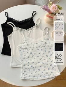 Franclia 2026春夏新款女士家居度假套装，针织吊带背心，蕾丝拼接V领，三件套，三种颜色可选 - 彩色 - 查看 4