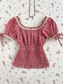 Flirla Women's Summer Plaid Print Square Collar, Lace Trim Chest Tie, Back Shirred Blouse Vacation Red And White Plaid Cute - Red - View 2
