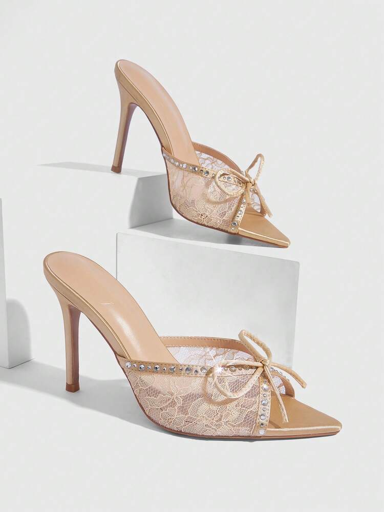 CUCCOO SZL Women Shoes Summer Elegant Rhinestone Bow Decorative Lace Heeled Sandals Summer Shoes