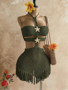 Soleia Đầm len ngắn ôm sát eo kiểu yếm, khoét lỗ, họa tiết sao biển và tua rua, phong cách Bohemian, Boho, thích hợp cho kỳ nghỉ, vintage, lễ hội, đi biển, du thuyền. - xanh quân đội - Xem 3