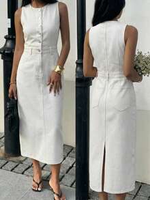 DAZY Women's Casual Washed Denim Round Neck Sleeveless Denim Dress, Summer Dress - Beige - View 1