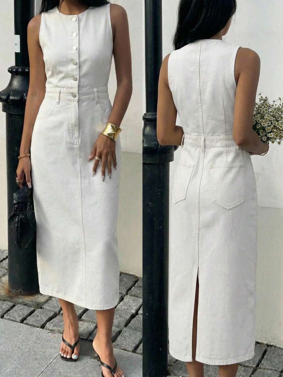 DAZY Women's Casual Washed Denim Round Neck Sleeveless Denim Dress, Summer Dress - Beige - View 1