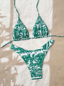 Swim Mod Damen sexy rückenfrei Bindeknoten-Vorderseite bedruckter Bikini-Set, Strandurlaub Stil - Verschiedenfarbig - Übersicht 2