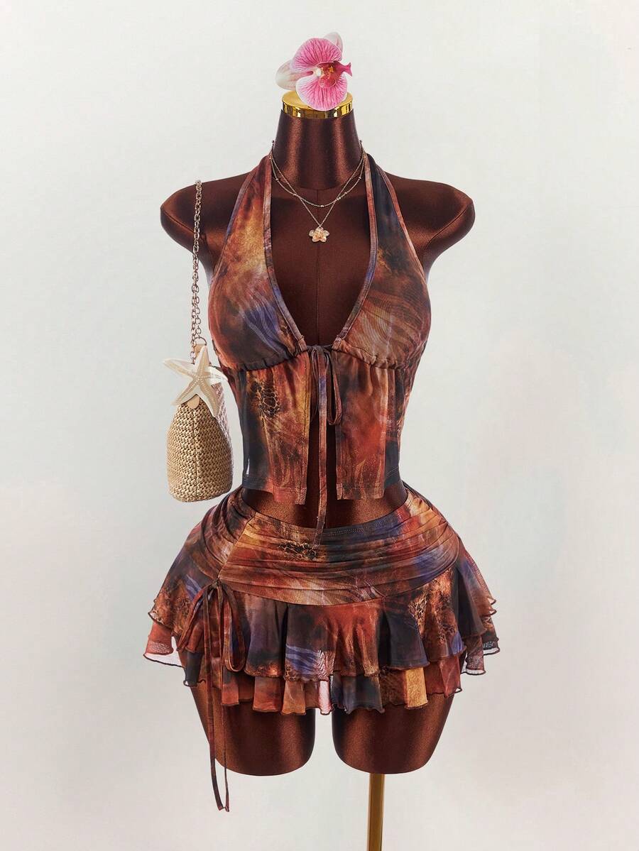 Amplova Bộ đồ 2 mảnh dành cho nữ, họa tiết da báo, gợi cảm, phong cách avant-garde, nhuộm tie-dye, gồm áo cổ chữ V sâu, không tay và chân váy mini xếp ly cạp siêu thấp. - Nhiều màu - Xem 1
