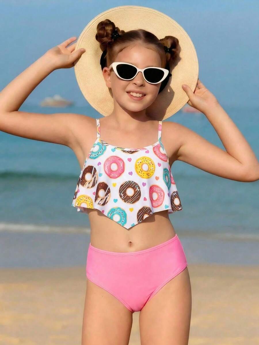 New Fashion Tween GirlsSwimsuit, Digital Printed Donut Pattern, Casual Beach Vacation Swimwear, Two Pieces Spaghetti Strap Tankini Set - Multicolor - View 1