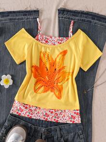 SHEIN 这款少女休闲二合一街头风T恤，印有字母标语和汽车图案，采用露肩短袖设计，适合夏季休闲活动、购物和拍照。 - 黃色 - 查看 3