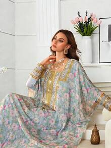 Al Najma Romantic Elegant Square Neck Embroidered Dress, Spring/Summer Kaftan Jalabiya Dress - Multicolor - View 2