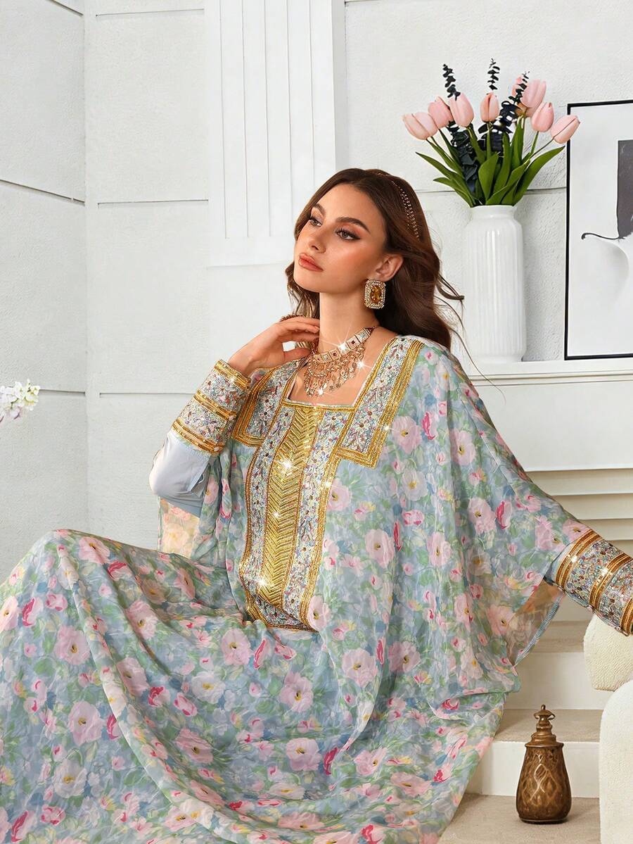 Al Najma Romantic Elegant Square Neck Embroidered Dress, Spring/Summer Kaftan Jalabiya Dress