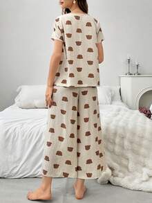 SHEIN 圓點熊印花寬鬆女款短袖睡衣套裝，夏季款 - 杏色 - 查看 2