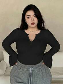 Dazy Plus Partial Zip-Up Elastic Fitted Solid Color Versatile Long Sleeve Black T-Shirt, Spring/Summer/Autumn - Black - View 2