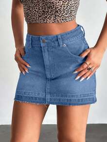 EURMUSE Low Waist Slant Pocket Y2K Mini Denim Skirt - Blue - View 3