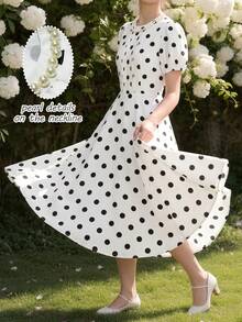 SHEIN Raffinéa Damen Frühlings- & Sommerkleid mit Champagnerfarbe, eleganter Rundhalsausschnitt, V-Ausschnitt, Perlenverzierung, plissierter Kurzarm Puffärmel, geeignet für den Berufsalltag und elegante Alltagskleidung - Schwarz und Weiss - Übersicht 7