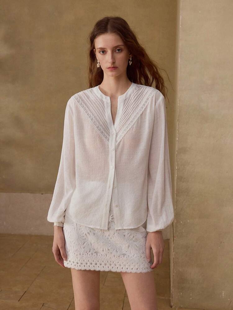 RUCHED COMFORTABLE FABRIC ROMANTIC LACE STRIPED DECOR CASUAL COMMUTE VACATION SHIRT
