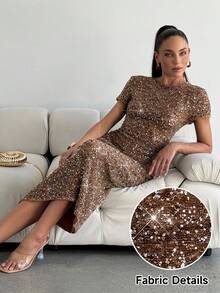 Lavishia Women's Luxury Sequin Dress, Elegant Holiday Dress, Spring/Summer - Khaki - View 8