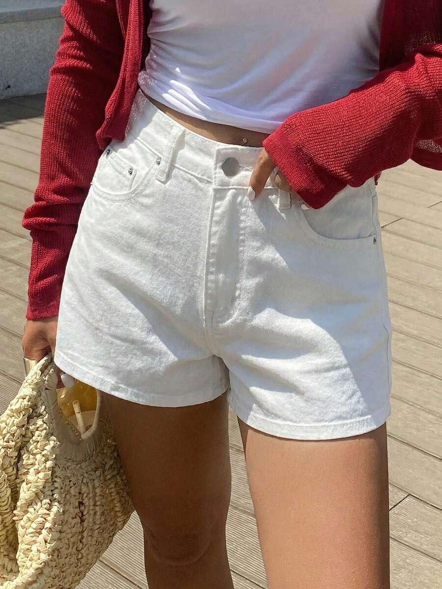 Livesso 女士复古水洗白色休闲宽松直筒牛仔短裤，适合春季、夏季、海滩、街头风格 - 白色 - 查看 1