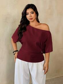 Auralis Plus Size Spring/Summer New Versatile Minimalist Commuter Asymmetric Batwing Sleeve Ruched Waist Fitted Pullover Blouse - Burgundy - View 2
