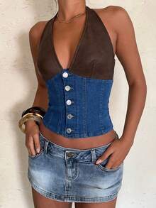 Aloruh Women's Summer Fashion Contrast Color Patchwork Backless Halter Denim Blouse Going Out Tops Women
Crop Tops - Medium Wash - View 7