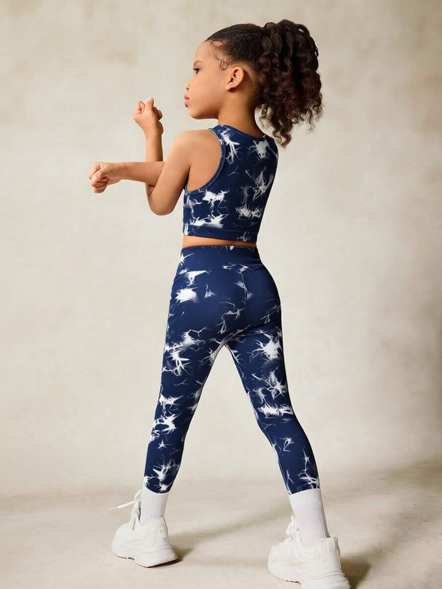 SHEIN 2pcs/Set Young Girls' Tie-Dye Print Elastic Camisole And Sports Pants Matching Sets, Yoga Outfits, Back To School Sets - Navy Blue - View 1