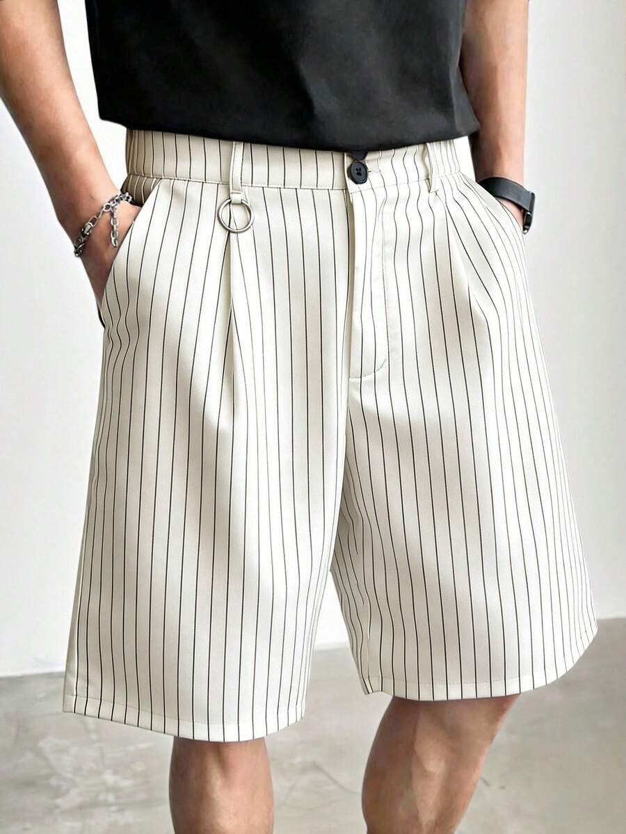 Manfinity Hypemode Men's Off-White Striped Pleated Double-Button Loose Casual Shorts,Wide Leg Streetwear For Summer,City Break,Music Festivals,Parties & Weekend Outings - Beige - View 1