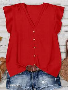 EMERY ROSE Plus Size Casual Red Shirt, Suitable For Summer - Red - View 1