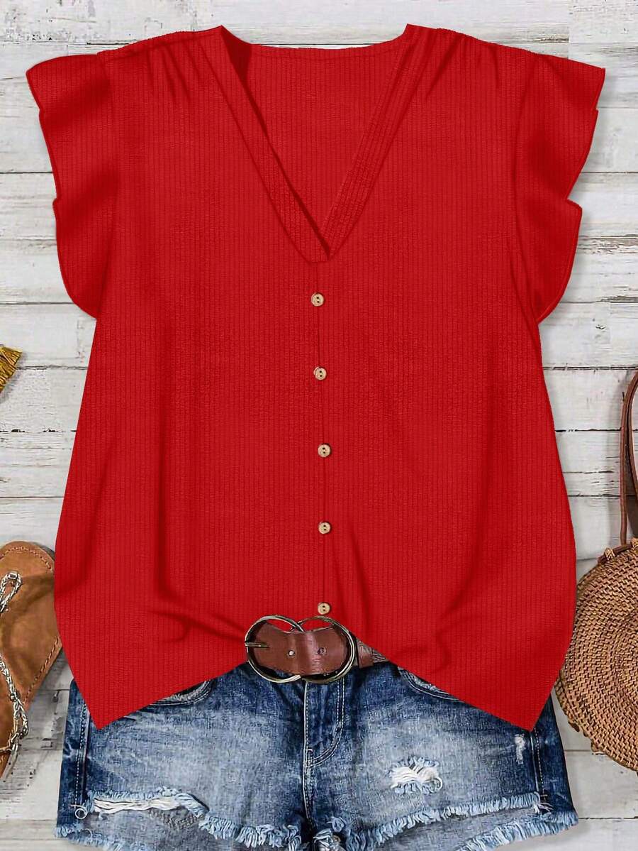EMERY ROSE Plus Size Casual Red Shirt, Suitable For Summer - Red - View 1