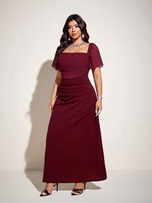 Viva Relle Plus Size Women's Spring/Summer New Arrival Luxury Elegant Wine Red Square Neck Puff Sleeve Dress, Waist Ruched Fitted Long Dress. Suitable For Romantic Weddings, Formal Parties, Valentine's Day, Luxury Elegant Style Fashion, Minimalist Plus Size Clothing - Burgundy - View 4