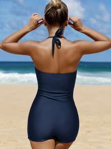 Swim Vcay Women's Solid Color Backless Halter One-Piece Swimsuit For Beach Vacation Vacation Cruise Travel Beach Sunbathi - Navy Blue - View 2