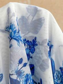 Soleia 女士印花撞色蕾丝深V领性感迷你连衣裙，度假风 - 藍白色 - 查看 8