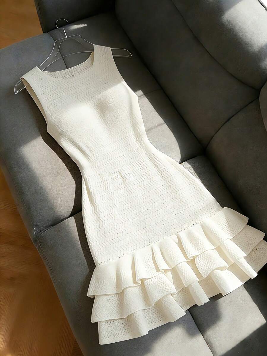 Franclia 女士休闲无袖圆领针织迷你连衣裙，荷叶边下摆，米色，适合春夏穿着 - 米色 - 查看 1