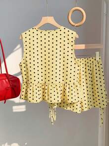 Conjunto de 2 piezas para mujer con cuello redondo, sin mangas, lunares y lazo en color marrón - amarillo ganso - Ver 2